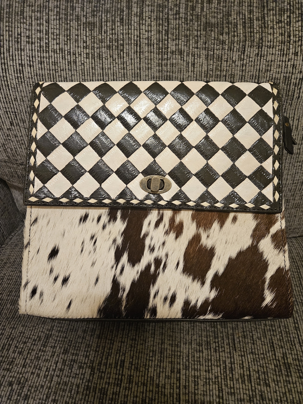 Black & White Checker Top Brown Spot Cowhide Crossbody Bag